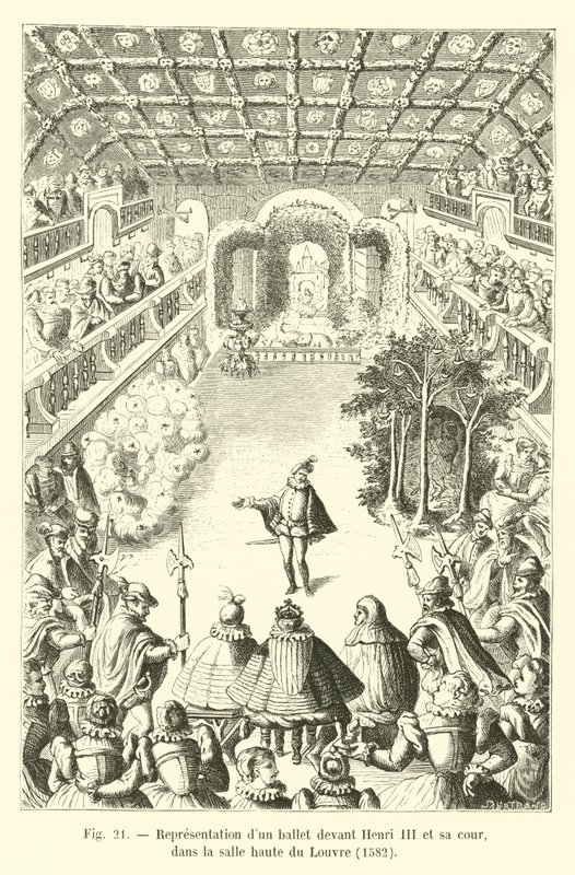 Balett előadása III. Henrik és udvara előtt, a Louvre felső termében, 1582 alkotó: French School