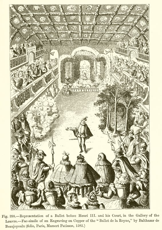 Egy balett ábrázolása III. Henrik és udvara előtt, a Louvre Galériában alkotó: French School