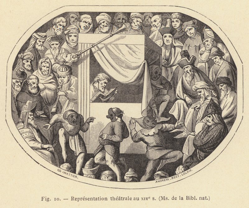 Representation theatrale au XIVe s, Ms de la Bibl nat (engraving) alkotó: French School