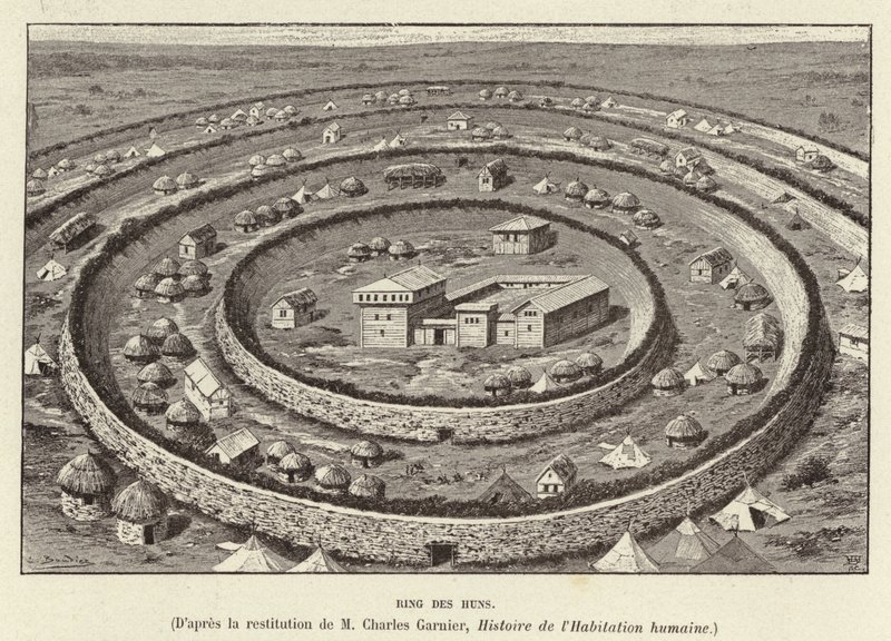 Ring des Huns. A hunok települését védő gyűrű alakú erődítmények (metszet) alkotó: French School