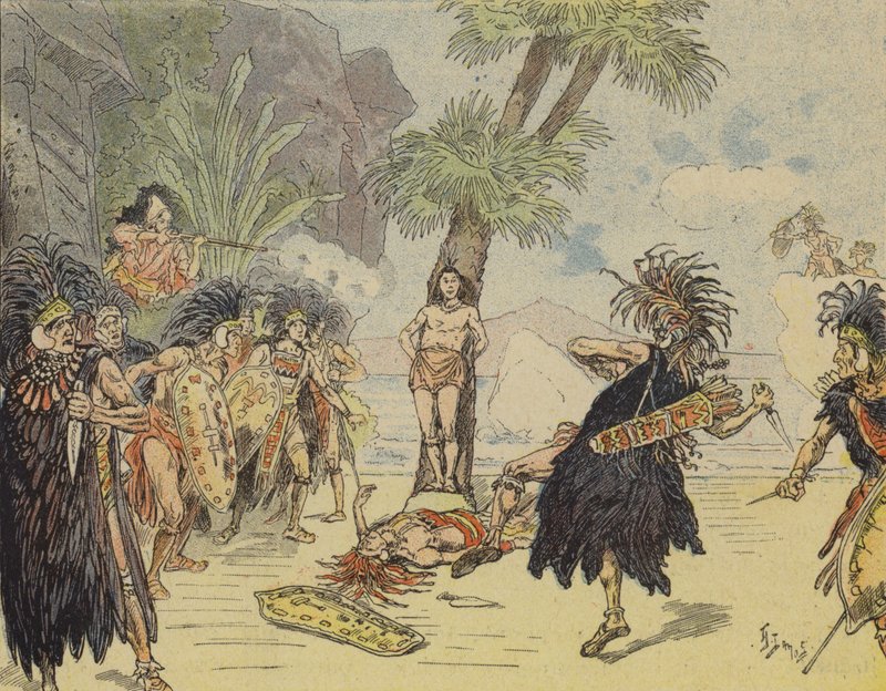 Robinson Crusoe killing the cannibal chief and saving Friday