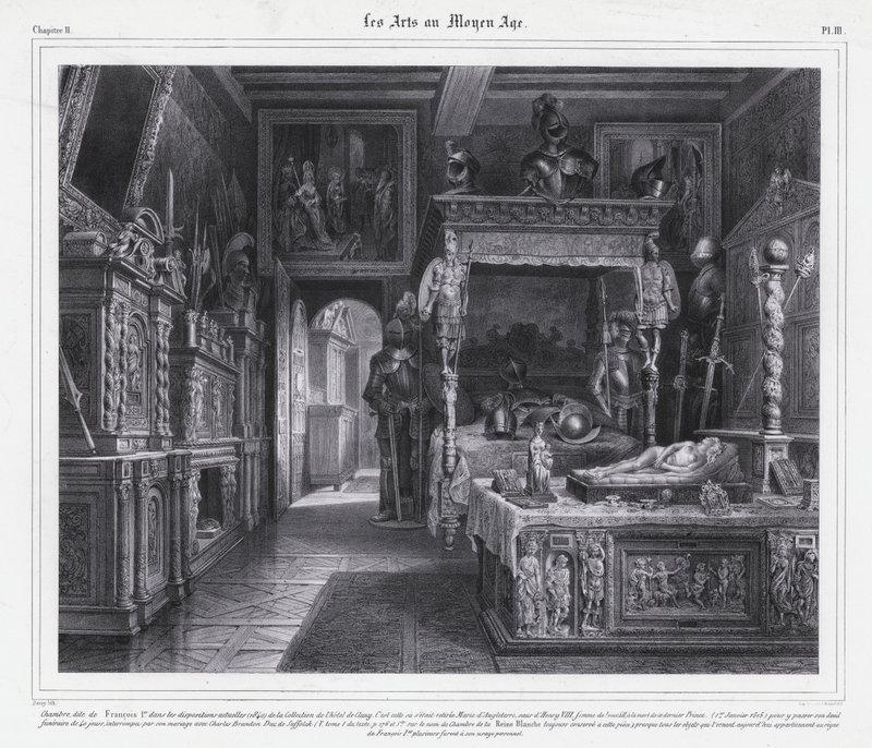 Szoba a párizsi Hotel de Clunyban, ahol Tudor Mária gyászos időszakát töltötte 1515-ben, férje, XII. Lajos francia király halála után (litho) alkotó: French School