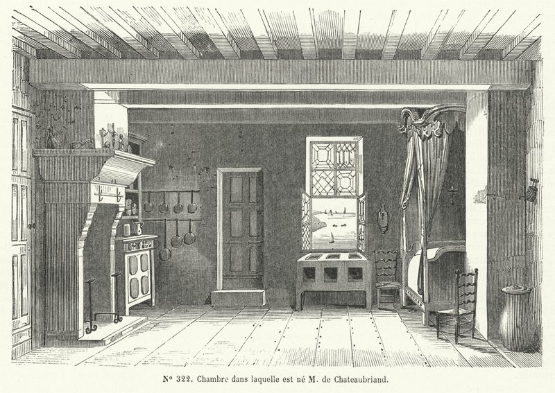 Szoba a bretagne-i St Malo-i Hotel de France-ban, amelyben Francois-Rene de Chateaubriand francia író és politikus született (metszet) alkotó: French School