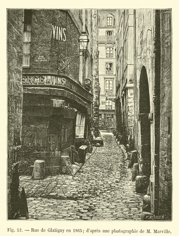 Rue de Glatigny 1865-ben; M Marville fényképéről alkotó: French School