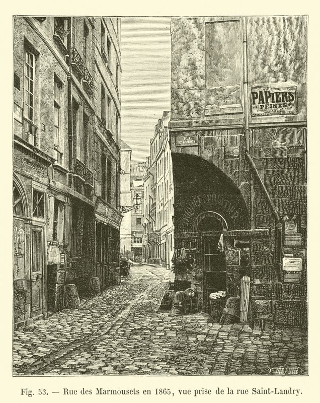 Rue des Marmousets 1865-ben, kilátás a rue Saint-Landry-ről alkotó: French School