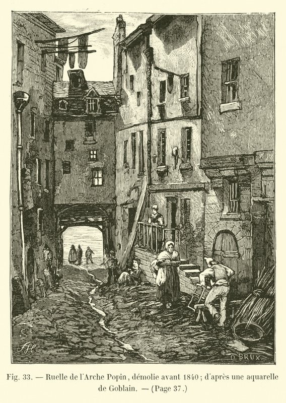Ruelle de lArche Popin, 1840 előtt lebontották; Goblain akvarellje után alkotó: French School