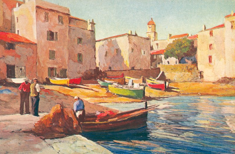 Saint Tropez: A régi halászkikötő (színes litográfia) alkotó: French School