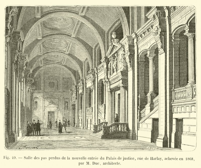 Salle des pas perdus a Palais de Justice új bejáratánál, a rue de Harlay, 1868-ban fejeződött be, M Duc építész. alkotó: French School