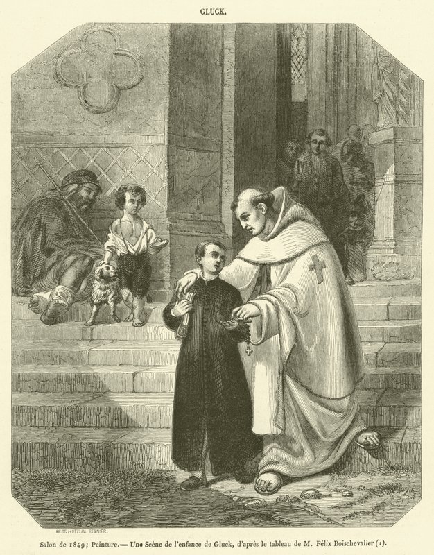 1849-es szalon, festmény, jelenet Gluck gyermekkorából (metszet) alkotó: French School