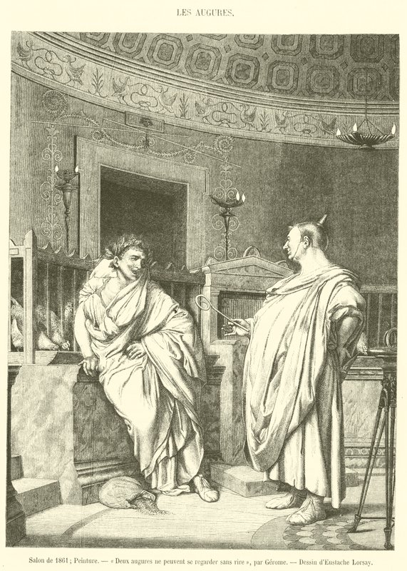1861-es szalon, festészet, két augur nem nézhet egymásra nevetés nélkül (metszet) alkotó: French School
