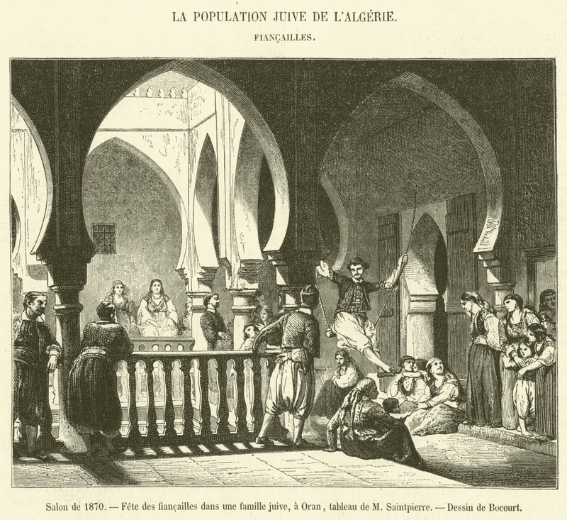 1870-es szalon, eljegyzési mulatság egy zsidó családban, Oránban (metszet) alkotó: French School