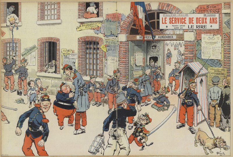 Szatíra a hadkötelezettség bevezetéséről a francia hadseregben. Illusztráció a Le Rire-hez (színes litó) alkotó: French School