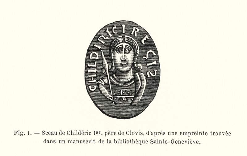 I. Childericnek, Clovis apjának pecsétje a Sainte-Genevieve könyvtárban található kéziratban található lenyomatból (metszet) alkotó: French School