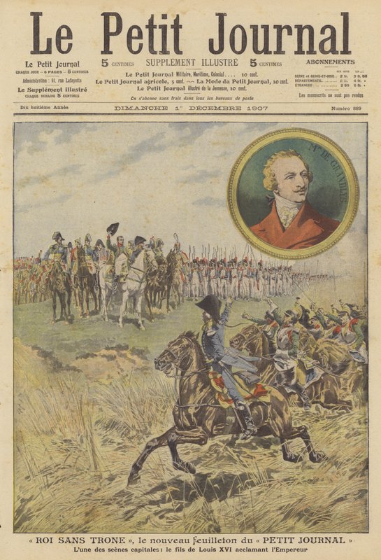 Jelenet a "Trón nélküli király" című újságból, a Le Petit Journal új sorozatából (színes litho) alkotó: French School