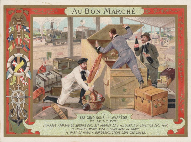 Jelenet a Les Cinq Sous de Lavarede című regényéből, Paul Ivoi (chromolitho) alkotó: French School