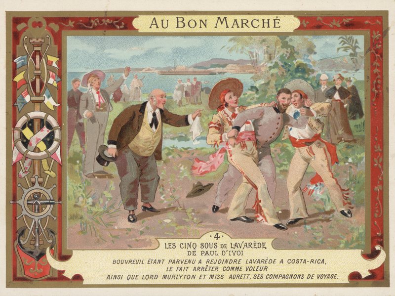 Jelenet a Les Cinq Sous de Lavarede című regényéből, Paul Ivoi (chromolitho) alkotó: French School