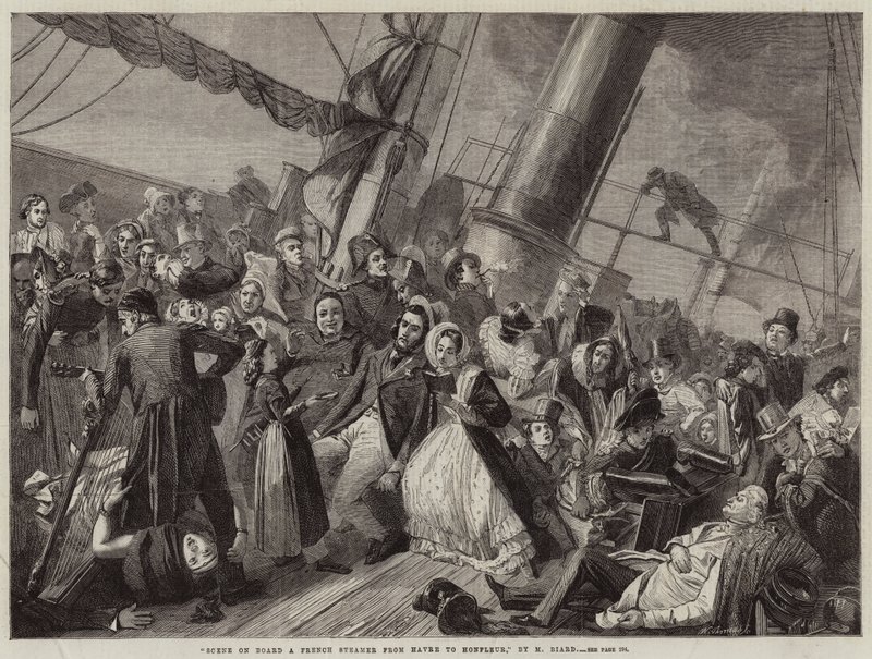 Jelenet egy francia gőzhajó fedélzetén Havre-ból Honfleurbe (metszet) alkotó: French School