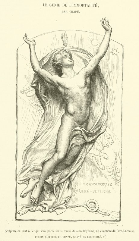 Magas domborműves szobor, amelyet Jean Reynaud sírjára helyeznek a Pere-Lachaise temetőben (metszet) alkotó: French School