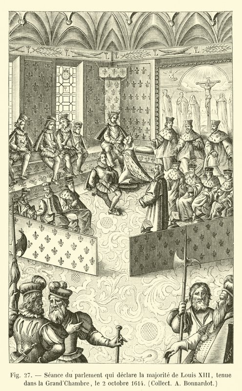 A parlament XIII. Lajos többségének kikiáltó ülése a nagyteremben, 1614. október 2-án, Bonnardot gyűjtése alkotó: French School