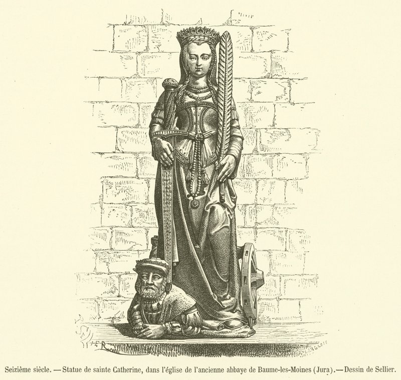 Tizenhatodik század, Szent Katalin szobra, az egykori Baume-les-Moines apátság templomában, Jura (metszet) alkotó: French School
