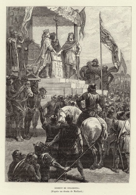 Serment de Strasbourg. Strasbourgi eskü, Német Lajos és Kopasz Károly, Kelet- és Nyugat-Francia királyok szövetsége, 842 (metszet) alkotó: French School
