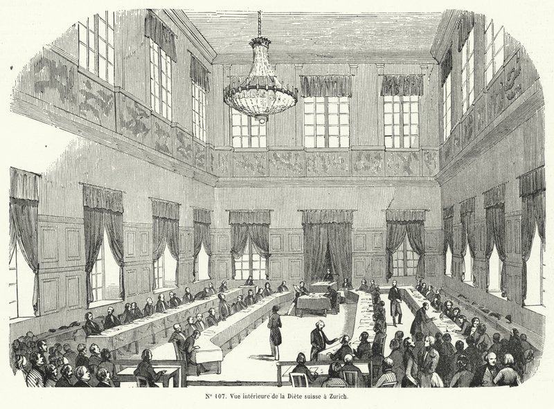 A Tagsatzung, a svájci szövetségi diéta ülésszaka Zürichben (metszet) alkotó: French School
