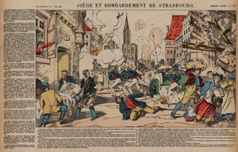 Strasbourg ostroma és bombázása, francia-porosz háború, 1870. augusztus-szeptember (színes metszet) alkotó: French School
