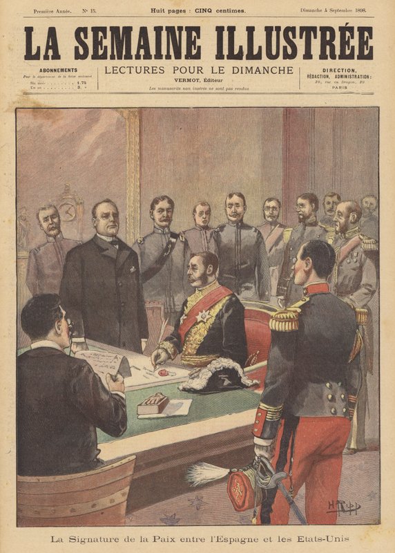 A spanyol-amerikai háború ellenségeskedéseinek befejezéséről szóló békejegyzőkönyv aláírása, Washington DC, 1898. augusztus 12. alkotó: French School