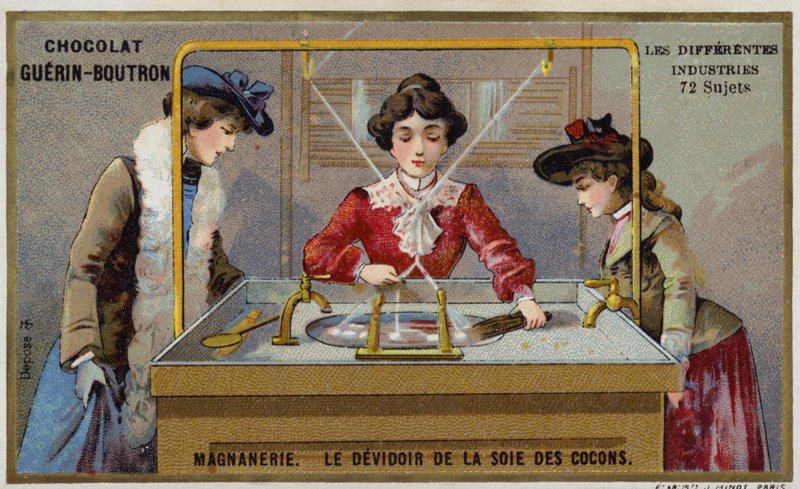 Selyem gyártás. A szálak felpörgetése egy orsóra (chromolitho) alkotó: French School