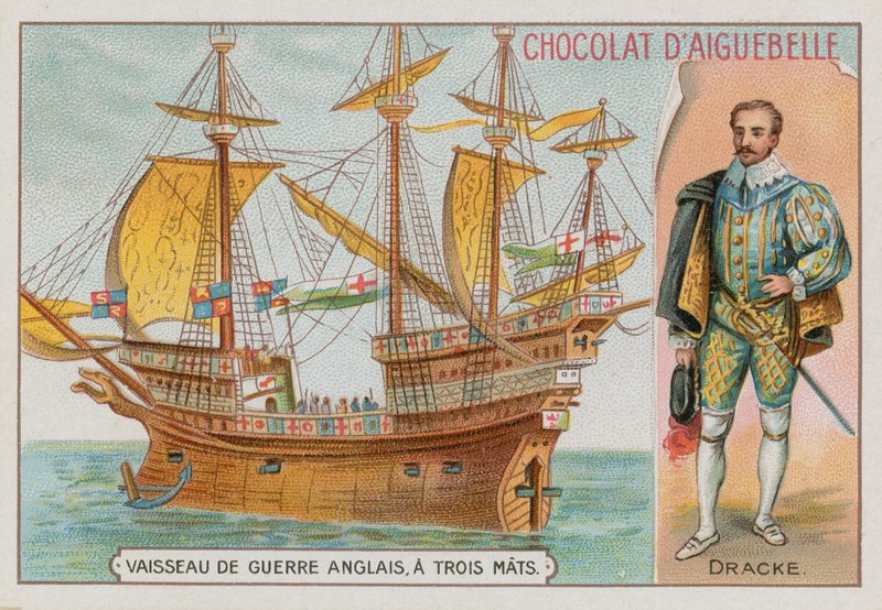 Sir Francis Drake és egy háromárbocos angol hadihajó alkotó: French School
