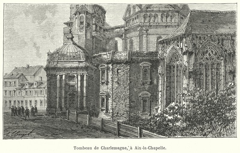 Nagy Károly császár sírjának helye, Aacheni katedrális, Németország (metszet) alkotó: French School