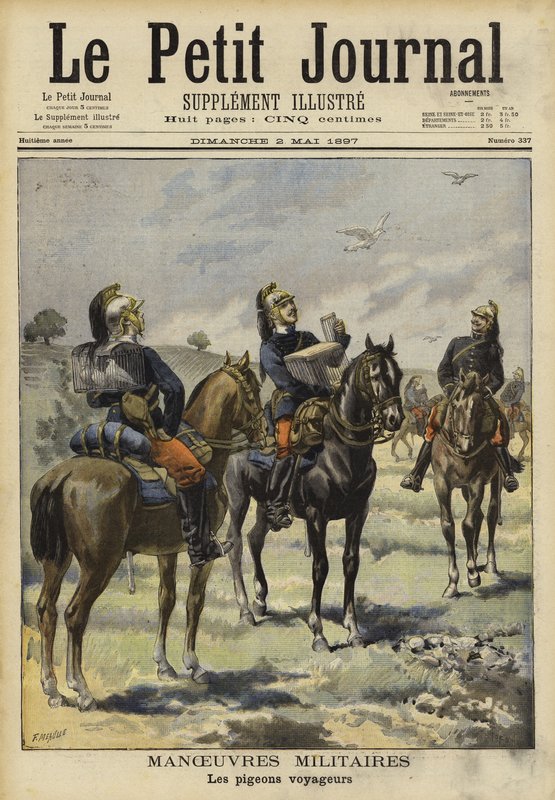 Katonák postagalambokat használó katonai manővereken, Soissons, Franciaország alkotó: French School