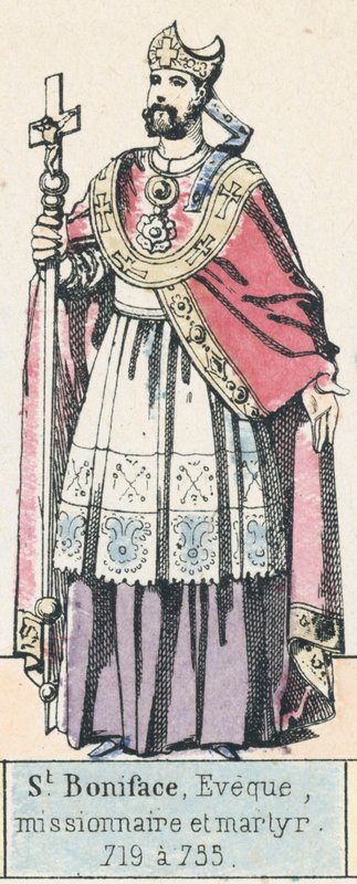 Szent Bonifác püspök, misszionárius és mártír, 719-735 (színes metszet) alkotó: French School