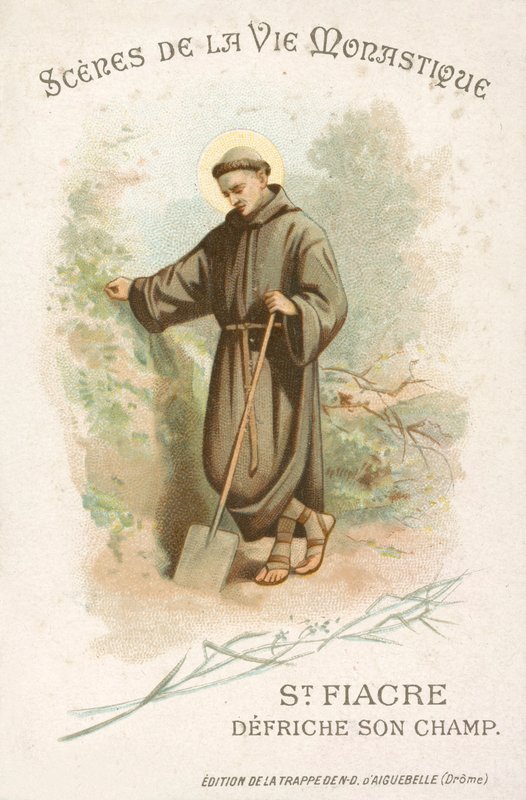 Szent Fiacre megtisztítja a mezőjét (chromolitho) alkotó: French School