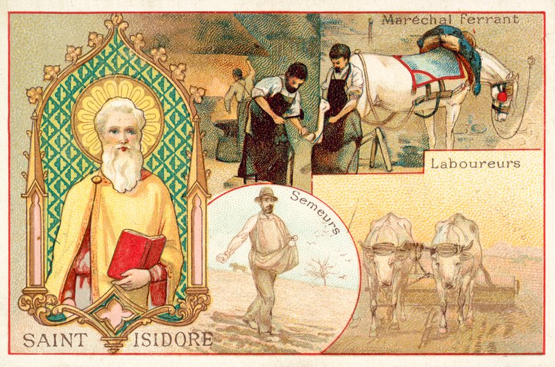 Szent Izidor, a földművesek és napszámosok védőszentje (chromolitho) alkotó: French School