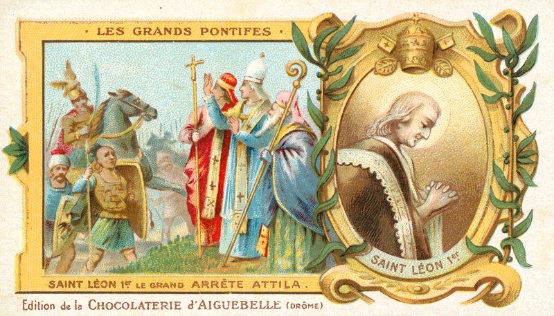 Nagy Szent Leó megállítja Attila hun honfoglalását Olaszországban, 452 (chromolitho) alkotó: French School