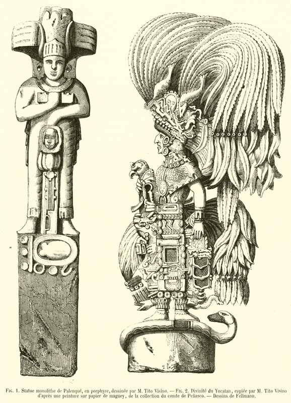 Palenque monolit szobra, porfírban; Yucatan istensége (metszet) alkotó: French School