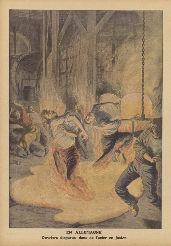 Acélmunkásokat ölt meg az olvadt acél Németországban (színes litho) alkotó: French School