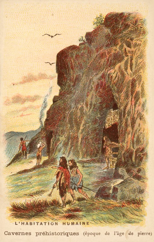 Kőkori barlanglakók (chromolitho) alkotó: French School