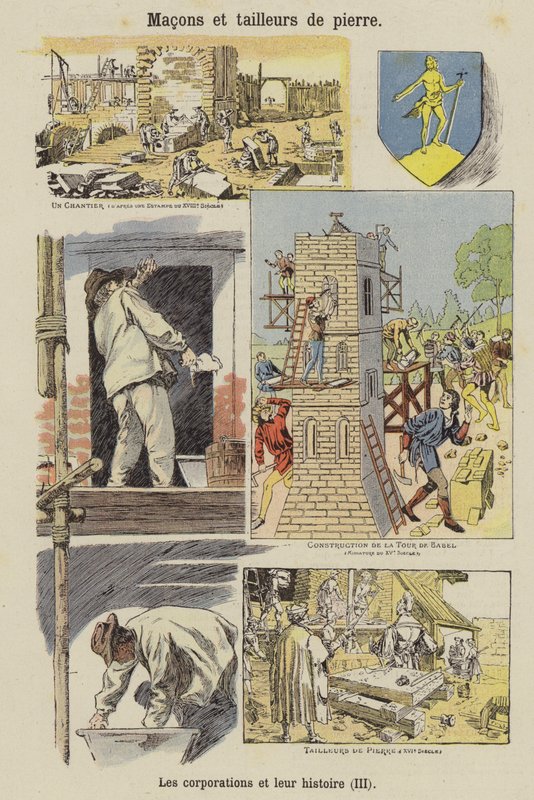Kőművesek és kőművesek (színes litográfia) alkotó: French School