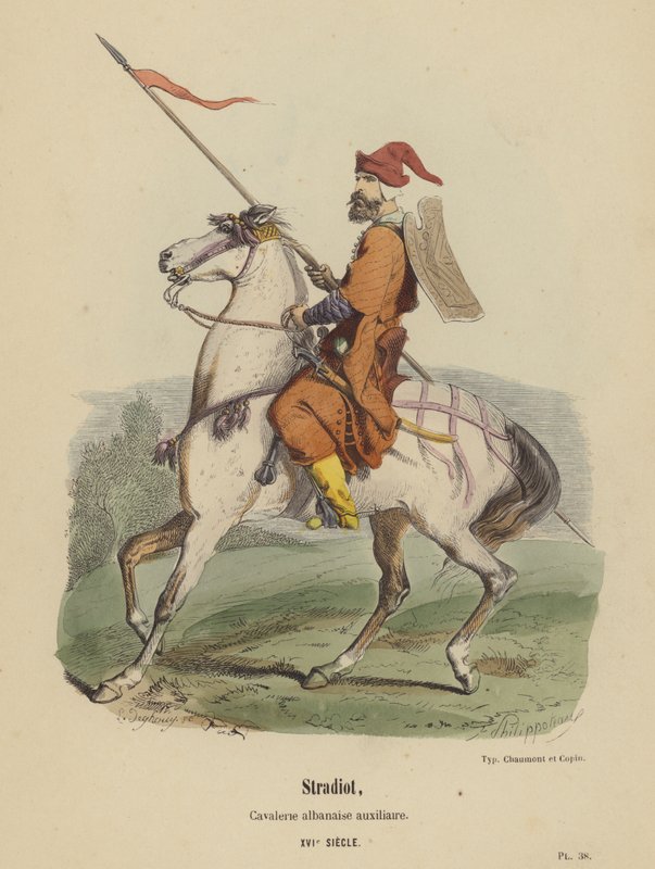 Stradiot, segédalbán lovasság, XVI. század (színes metszet) alkotó: French School