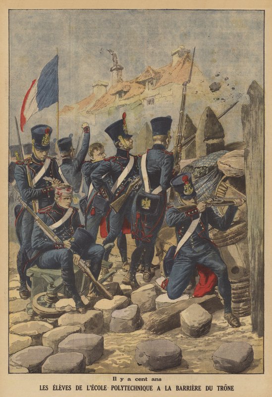Az Ecole Polytechnique diákjai, akik 1814-ben védték Párizs egyik kapuját, a Barriere du Trone-t (színes litó) alkotó: French School