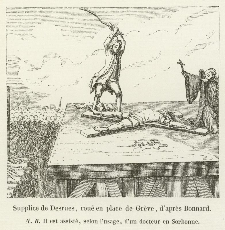 Desrues gyötrelme, kerék a Place de Greve-ben, Bonnard után alkotó: French School