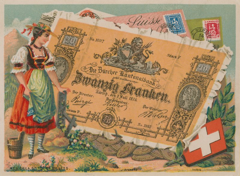 Svájci lány népviseletben és 20 frank bankjegyben alkotó: French School