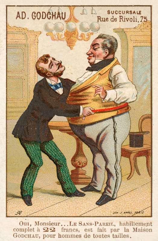 Kövér ügyfél mérése (chromolitho) alkotó: French School