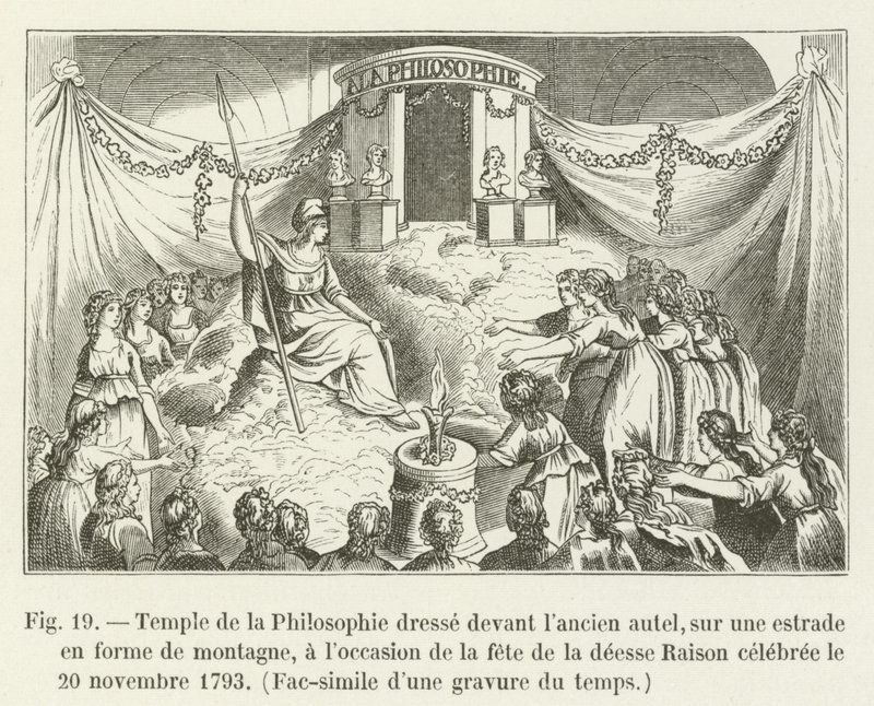 A filozófia temploma a régi oltár előtt, egy hegy alakú emelvényen áll az Értelem istennőjének 1793. november 20-án megtartott ünnepe alkalmából, fakszimile egy korabeli metszetről (pl. alkotó: French School