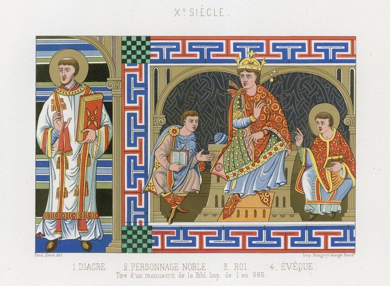 Tizedik századi diakónus, nemesség, király és püspök ábrázolása alkotó: French School