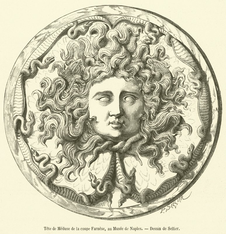 Medúza feje a Farnese csészéből, a Nápolyi Múzeumban (metszet) alkotó: French School