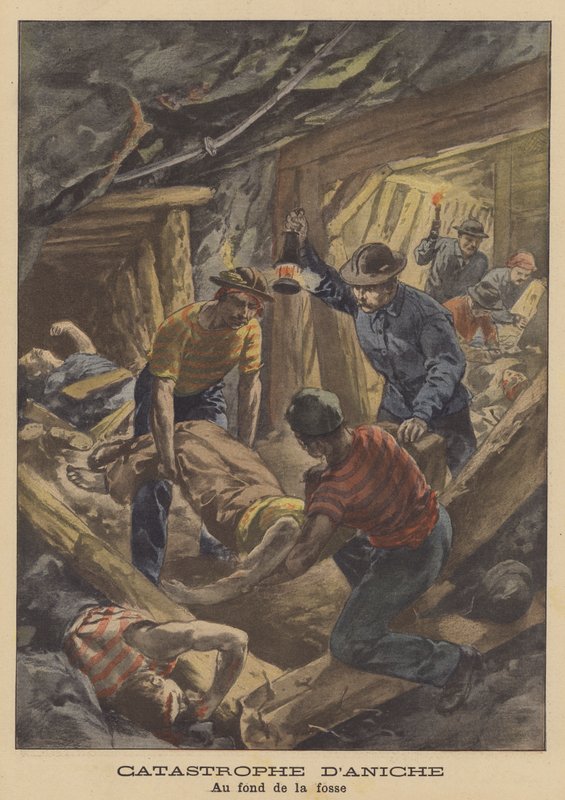 Az Aniche-i szénbánya katasztrófája, Franciaország (színes litho) alkotó: French School