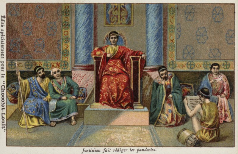 I. Justinianus bizánci császár diktálja a pandektusokat, 6. század alkotó: French School